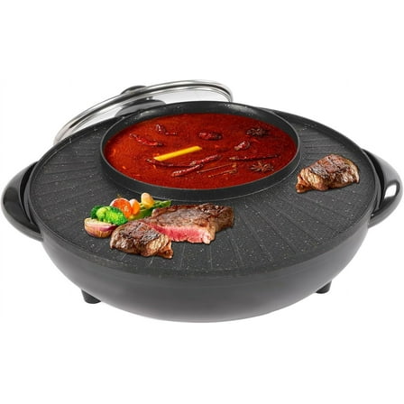 Circular Edition Hotpot Grill Combo Indoor BBQ 2-IN-1 Electric Hot Pot with Divider Portable Smokeless Grill for Home Party