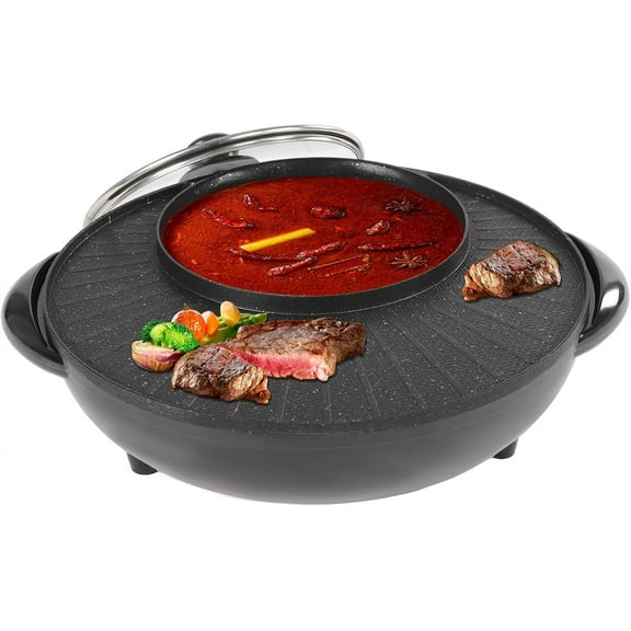 Miumaeov Circular Edition Hotpot Grill Combo Indoor BBQ 2-IN-1 Electric Hot Pot with Divider Portable Smokeless Grill for Home Party
