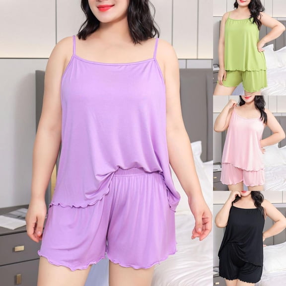 Bxsruta Women's Plus Size Loose Fit Tank Top and Shorts Pajama Set for Casual Home Lounge and Sleepwear