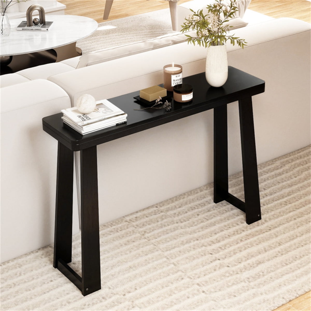 HiiKaa 43 in Farmhouse Console Table with Storage Shelf,Narrow Entryway Table for Living Room or Hallway,Black