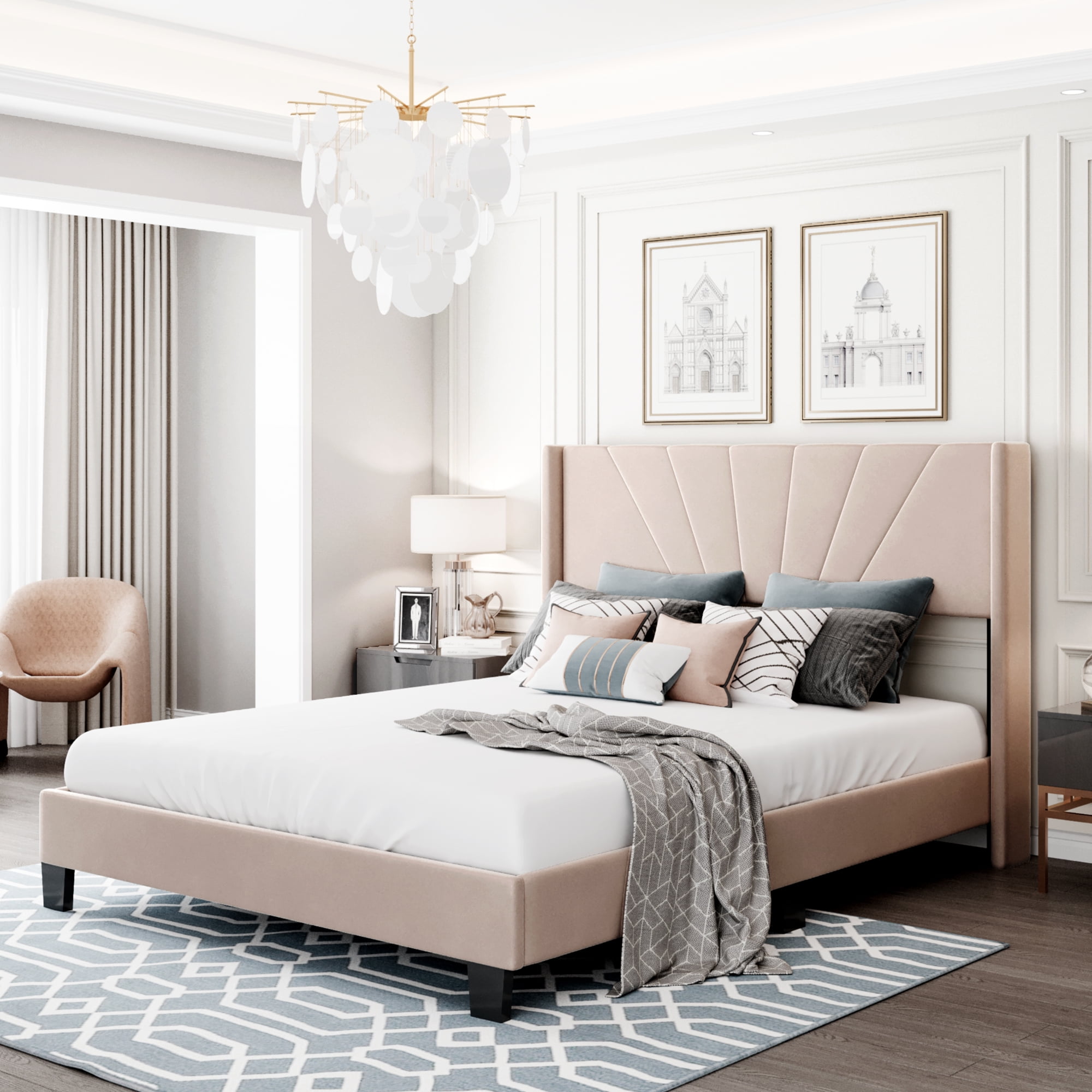 Beige Queen Bed Frame for Adults Kids, Modern Velvet Upholstered