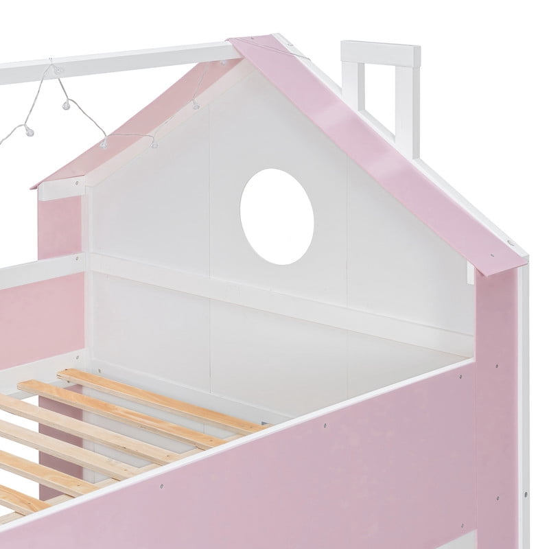 Full-Over-Full Two-Tone Accent Bunk Bed Frame with Cabinet, Drawers & Shelves, Modern Storage Kids Bed with LED Light Strip
