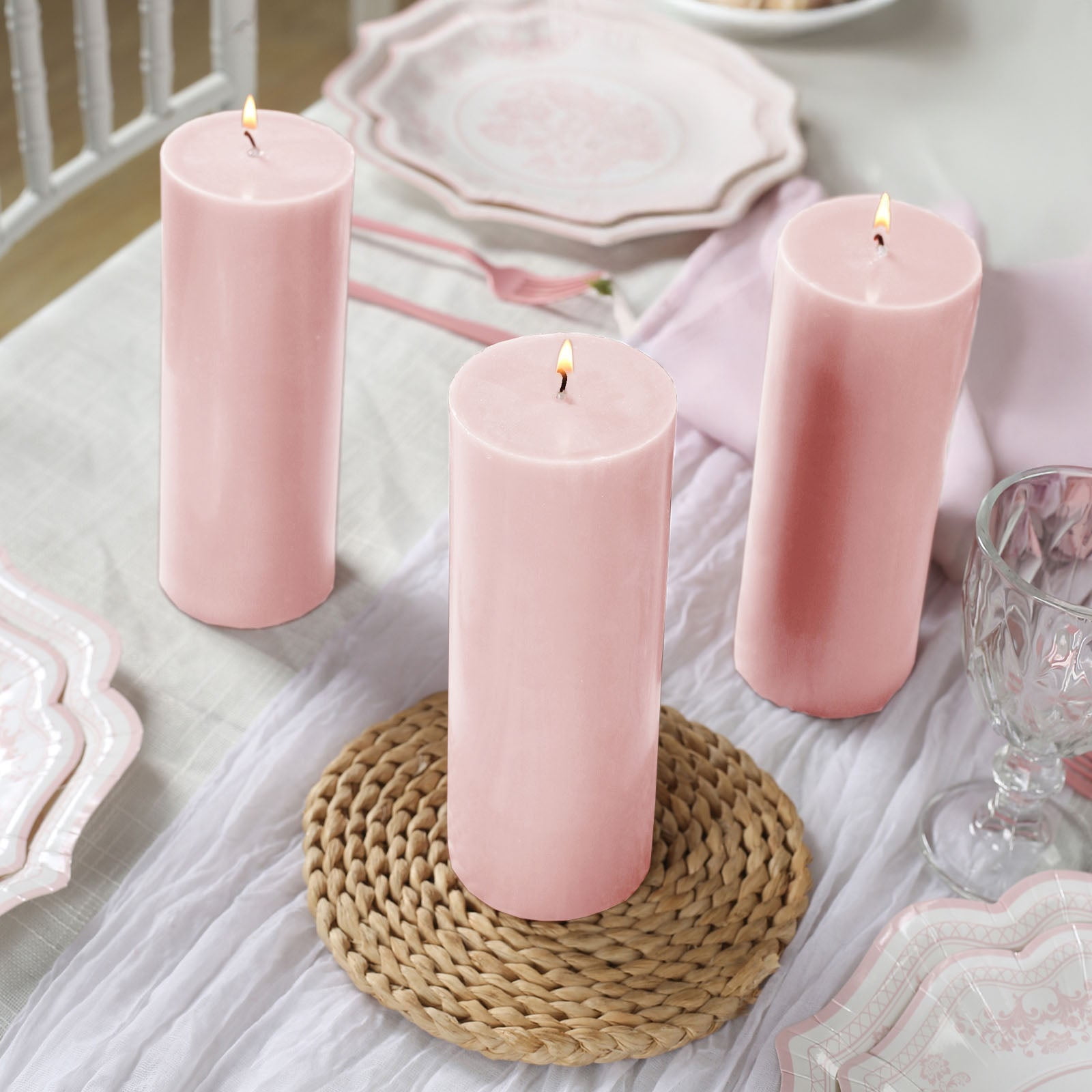 Efavormart 12-Pack Unscented Pillar Candles – Dripless 3"x8" Blush Paraffin Wax with Smokeless Cotton Wicks, Clean & Long-Lasting Burn for Weddings, Home & Event Decor