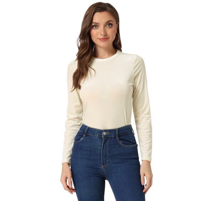Allegra K Blusa casual de terciopelo de manga larga con cuello redondo para mujer Albaricoque M