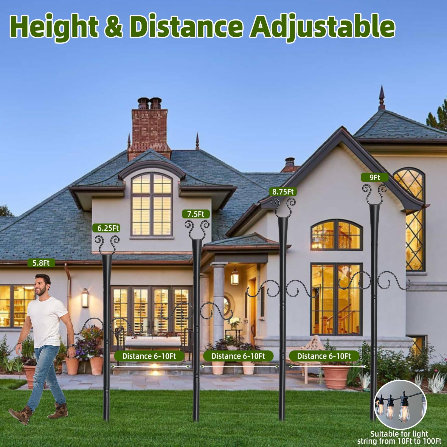 6 Pack 10Ft String Light Poles,Light Poles for Outside String Lights, Heavy Duty Metal String Light Poles for Deck, Outside, Outdoor Lights with Flag Stand