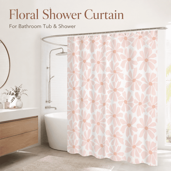 MORAVE 72x72 Inch Waterproof Fabric Shower Curtain, Blush Pink Daisy Floral Print Curtain for Bathroom