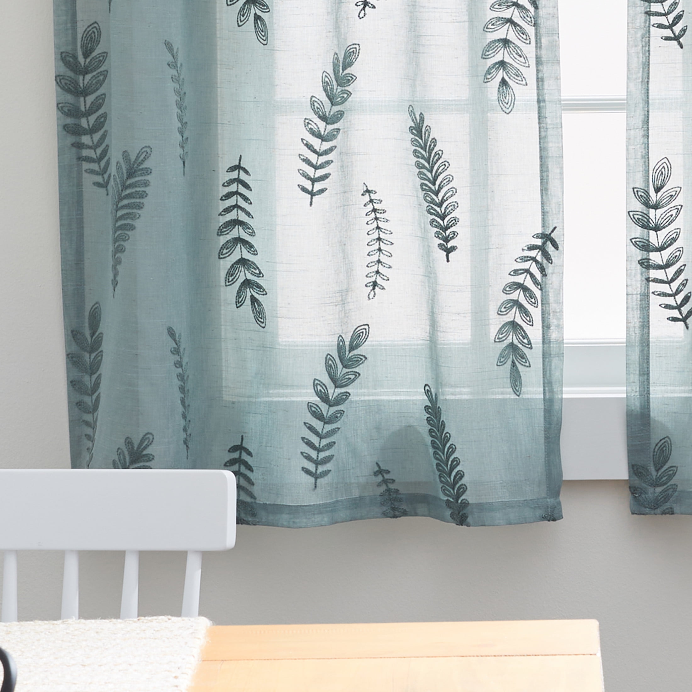 Better Homes & Gardens Embroidered Botanical Valance & Tier Set, 3-Piece Curtain, Green River, 60"W x 36"L, Indoor, Adult, Teen