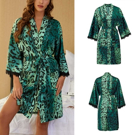 

ZZWXWB Robes For Women Womens Kimono Robe Cover Up Lace Printed Sleepwear Satin Silky Nightgown Green S ac1421