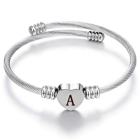 LUNVKY Silver Plated Love Heart Initial Bracelets for Women Girls Letter A Cuff Bracelet Open Adjustable Bangle Birthday Christmas Jewelry Gifts Teen Her Adult Mom Stocking Stuffers for Kids