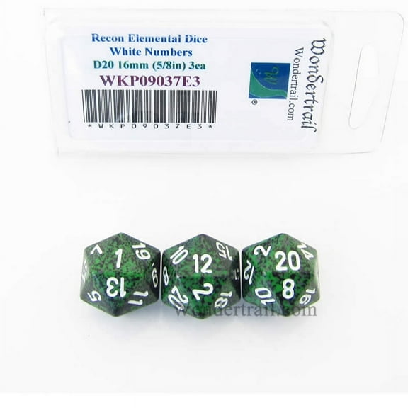 Recon Elemental Dice with White Numbers D20 16mm (5/8in) Pack of 3 Wondertrail