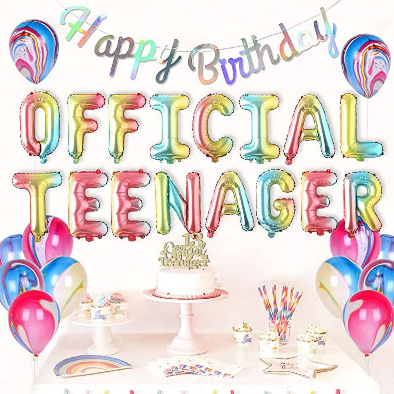 Rainbow 13th Birthday Decorations for Girls Happy 13th Birthday Party Decoration Supplies with Happy Birthday Banner Number 13 Foil Balloons 13 Year Old Cake Topper