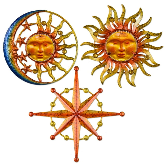 BVLFOOK Decoración de pared de metal para sol, decoración de pared para patio al aire libre, sol, luna, estrella, metal y vidrio, decoración de pared para valla, patio, jardín, balcón, porche, patio,