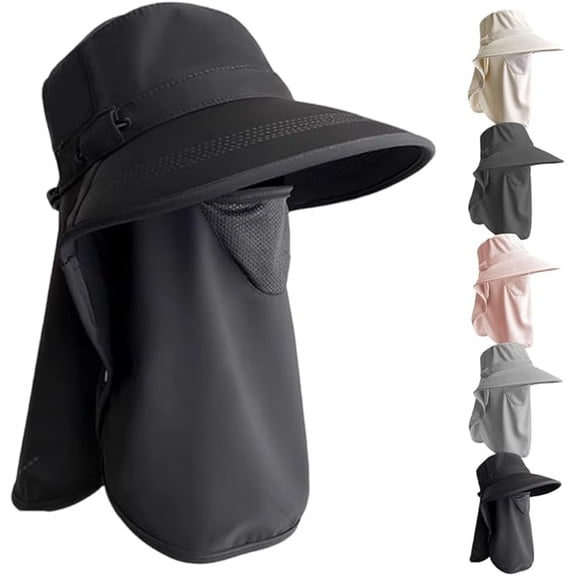 Summer Fisherman Hat with Detachable Face Cover, Wide Brim Sun Hat UPF 50 for Men Women, Outdoor UV Protection Cap for Fishing Hiking Gardening(black)