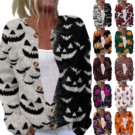 Halloween Cardigan for Women Funny Halloween Pumpkin Womens Sweaters Cardigan Knit Button Down Cropped Long Sleeve Fall Winter Fashion Soft Tunic Sweater Black S