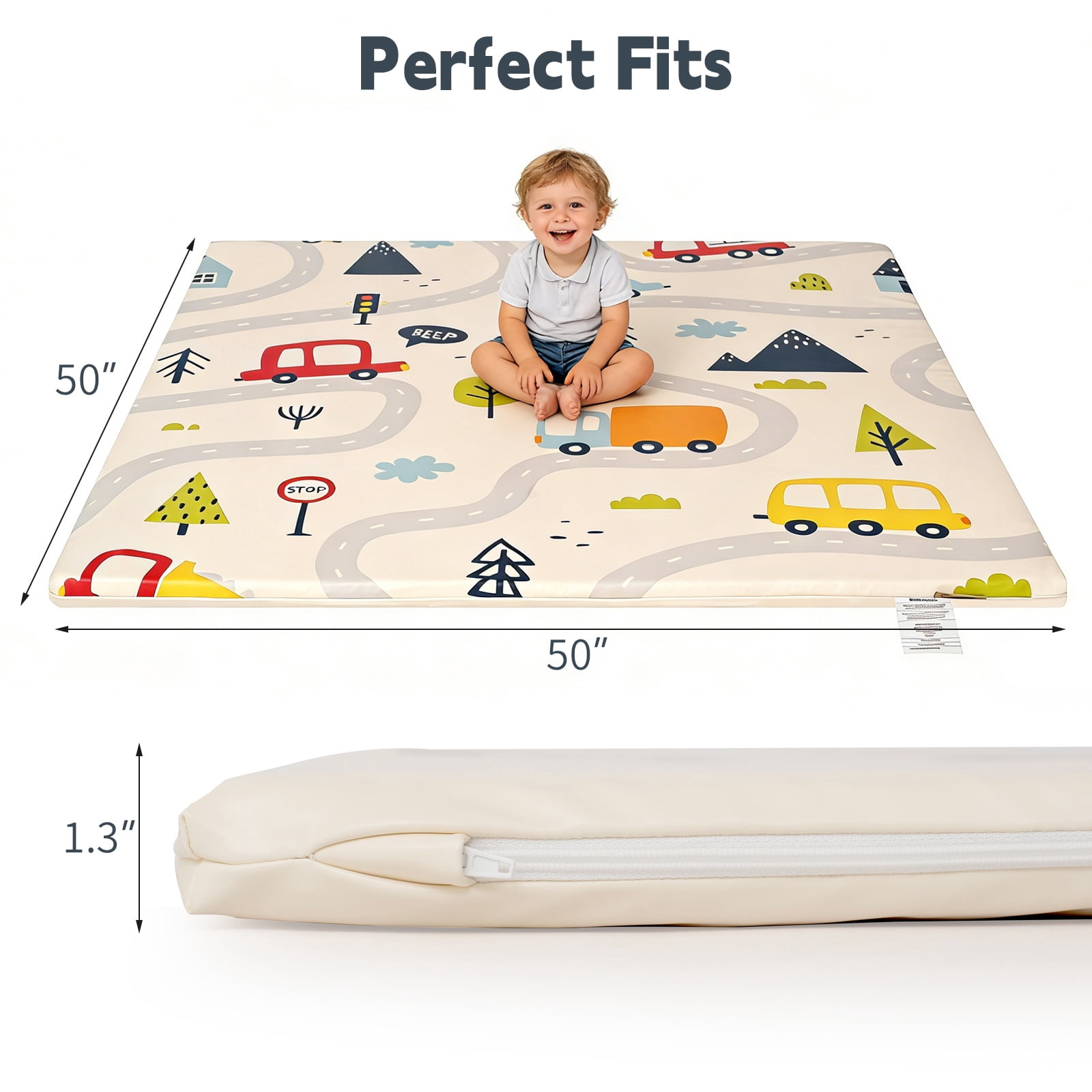 PU Leather Baby Play Mat, 50x50 Thick Foam Cushioned & Waterproof Playpen Mat for Infants and Toddlers (Double-Sided PU, Car)