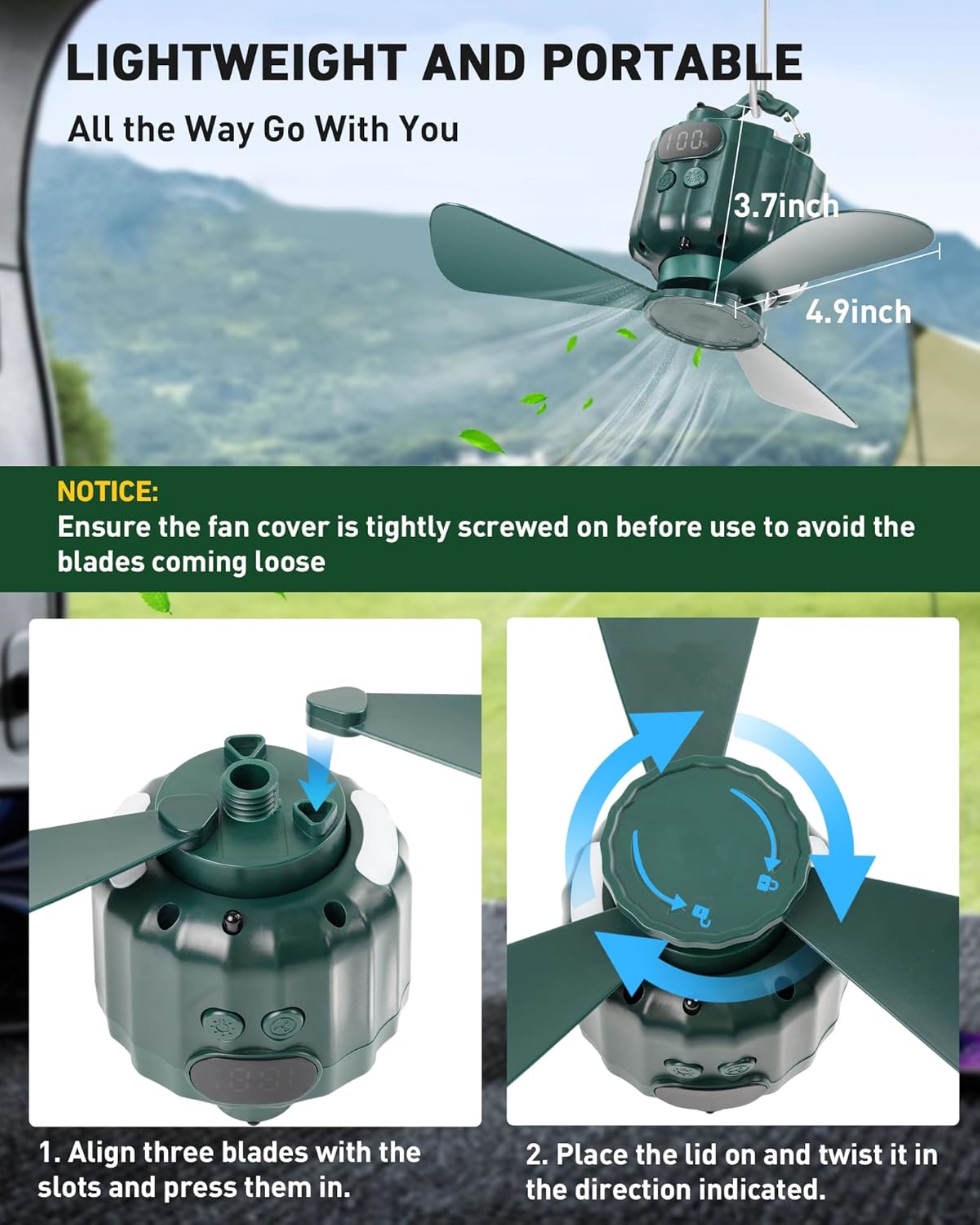 Portable Ceiling Fans with Remote Control, Power Bank, USB Battery Operated Camping Fan with Hanging Hook for Canopy Tents, Emergency Survival