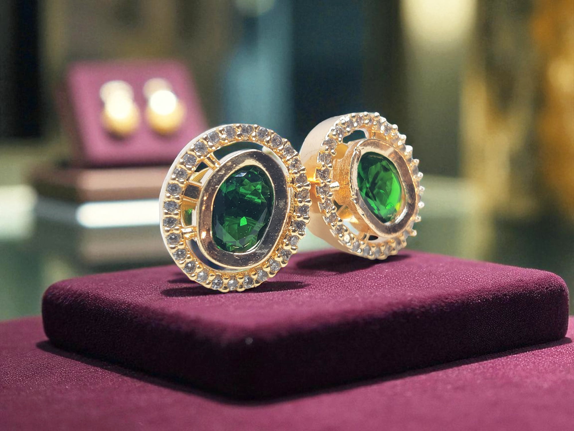 Juhi Jewels Gold Tone Brass Stud Earrings for Women – Green Crystal Gem with Clear Crystal Halo, Anti-Tarnish Fashion Jewelry