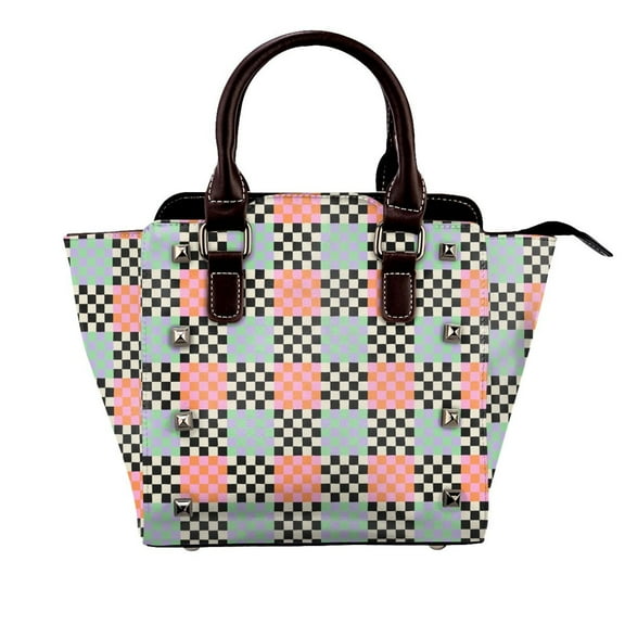 Lsque Colorful Checkered Pattern Leather Rivet Shoulder Bag – Elegant Genuine Leather & Microfiber PU Crossbody with Detachable Adjustable Strap