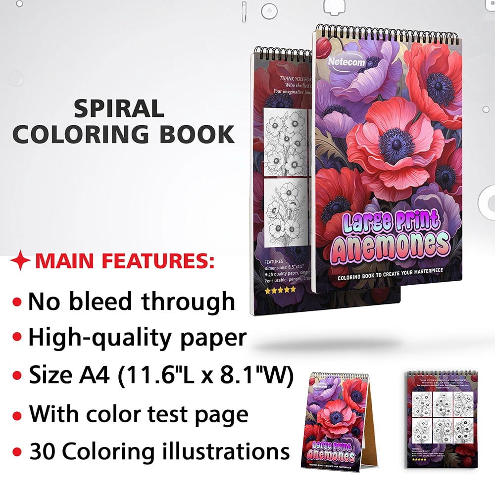 Netecom Large Print Anemones Coloring Book for Adults, Spiral Bound, Soft Cover