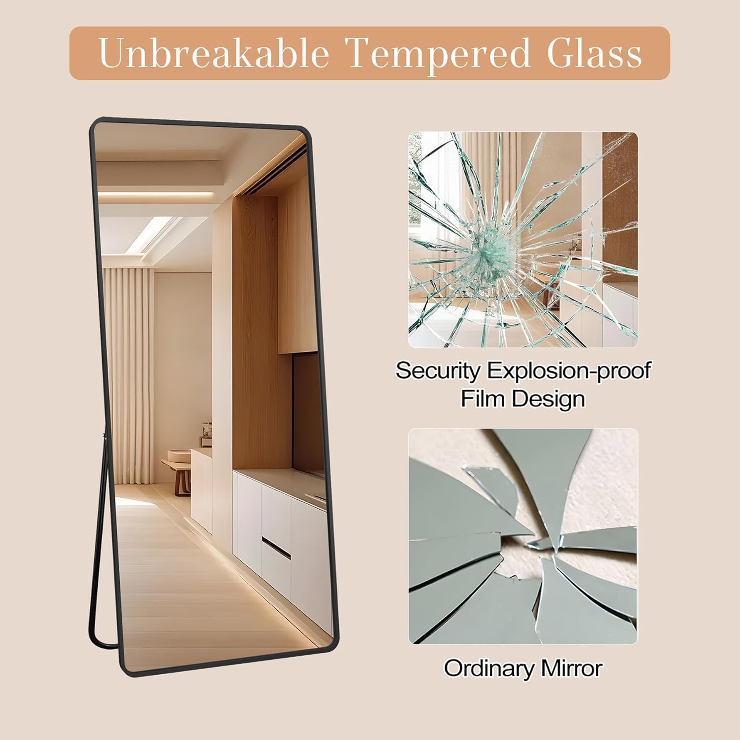 MAYEERTY Freestanding Full Length Mirror with Stand, Aluminum Alloy Rounded Corner Tempered Glass Floor Mirror Wall Mounted for Bedroom Dressing Room, 64x21in, Gold