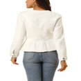 thumbnail image 3 of Allegra K Women‘s Round Neck Button Down Ruffled Hem Cropped Washed Denim Jacket, 3 of 6