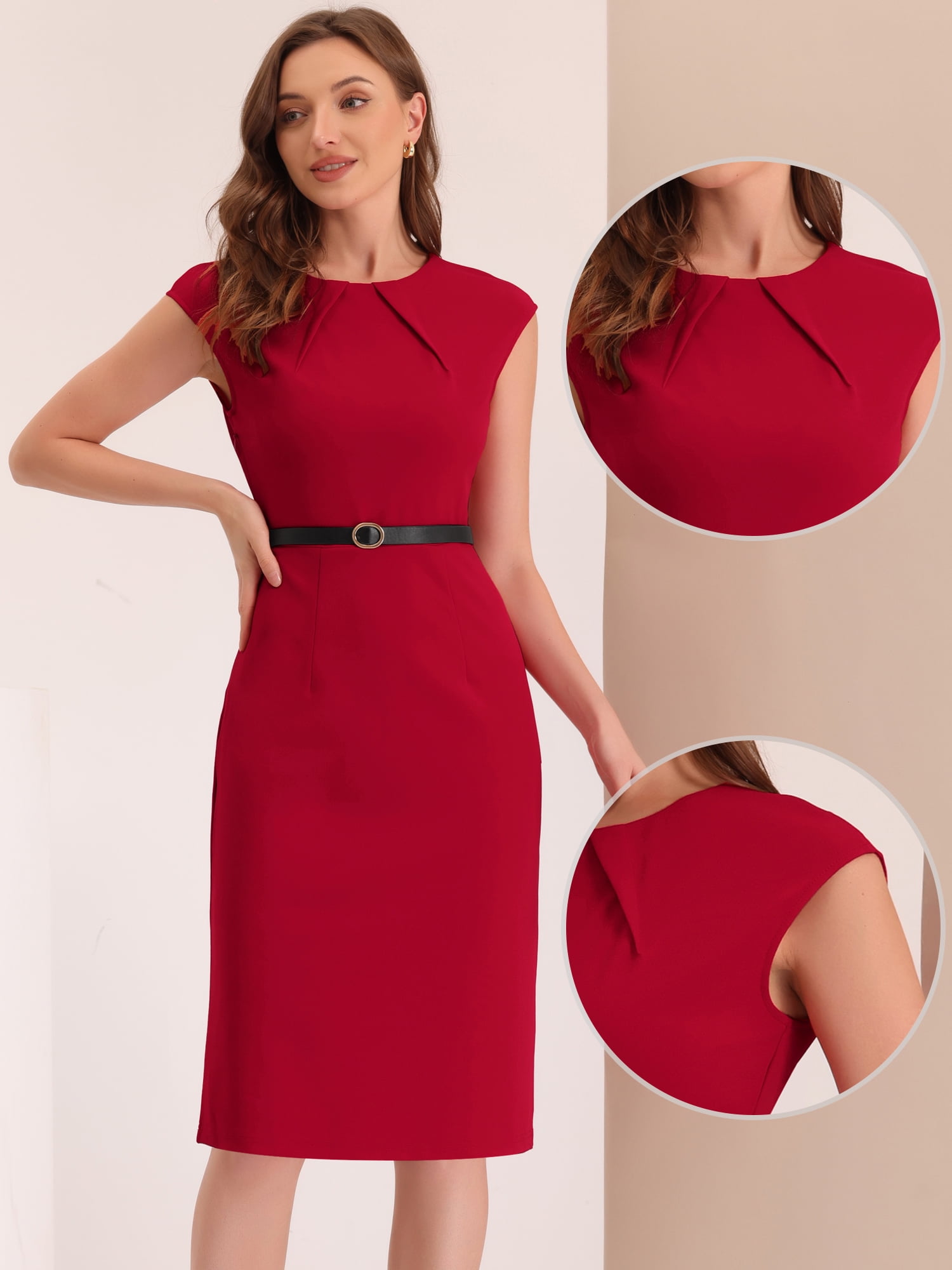 DARING DIVA Elegant Round Neck Cap Sleeve Belted Work Sheath Dresses 3XL Red