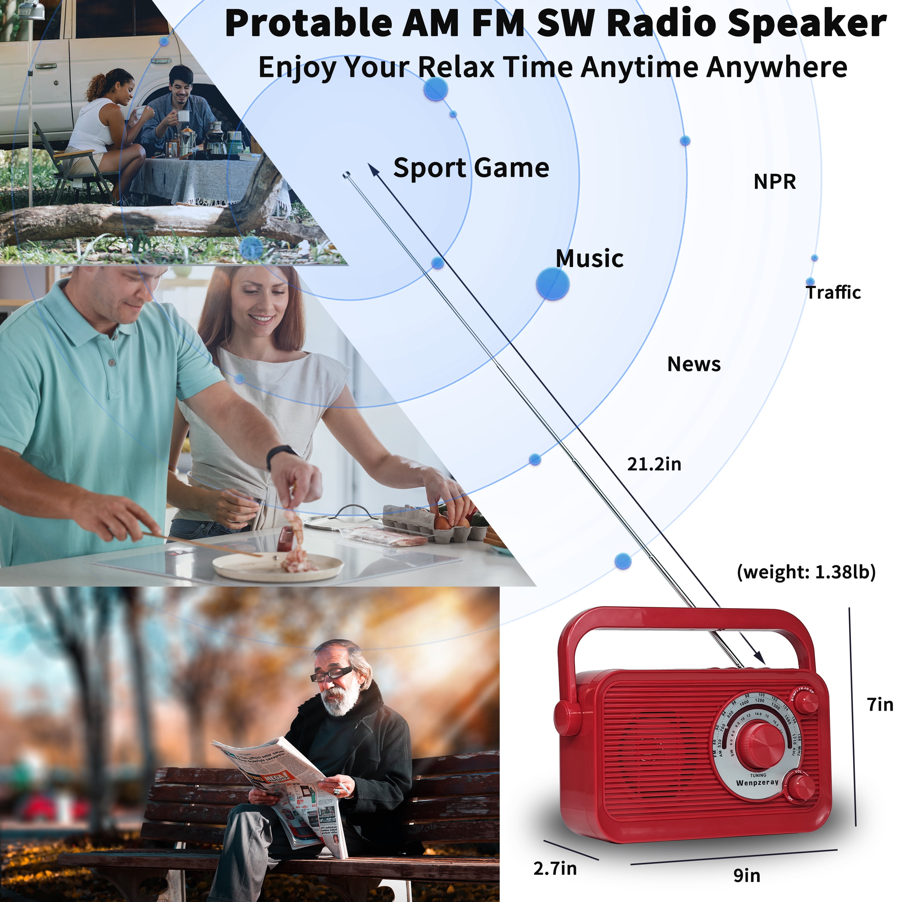 Camping Emergency AM FM Shortwave Radio, DSP Chip Bluetooth Speaker, Type-C Charging Retro Portable Radio Wenpzeray D218 (Red)