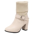 thumbnail image 1 of Zapatos Botines de mujer Botas de lana de punto cálidas para mujer informales de Color sólido tacón grueso hebilla de cinturón manga multiuso botas de talla grande botines (Beige 7.5), 1 of 7