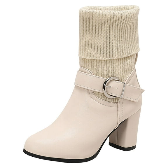 YLYL Women's Mid-Calf Boots Leather Knitted Heel Closed Pointed Buckle Block Non-Slip Business Party Boots