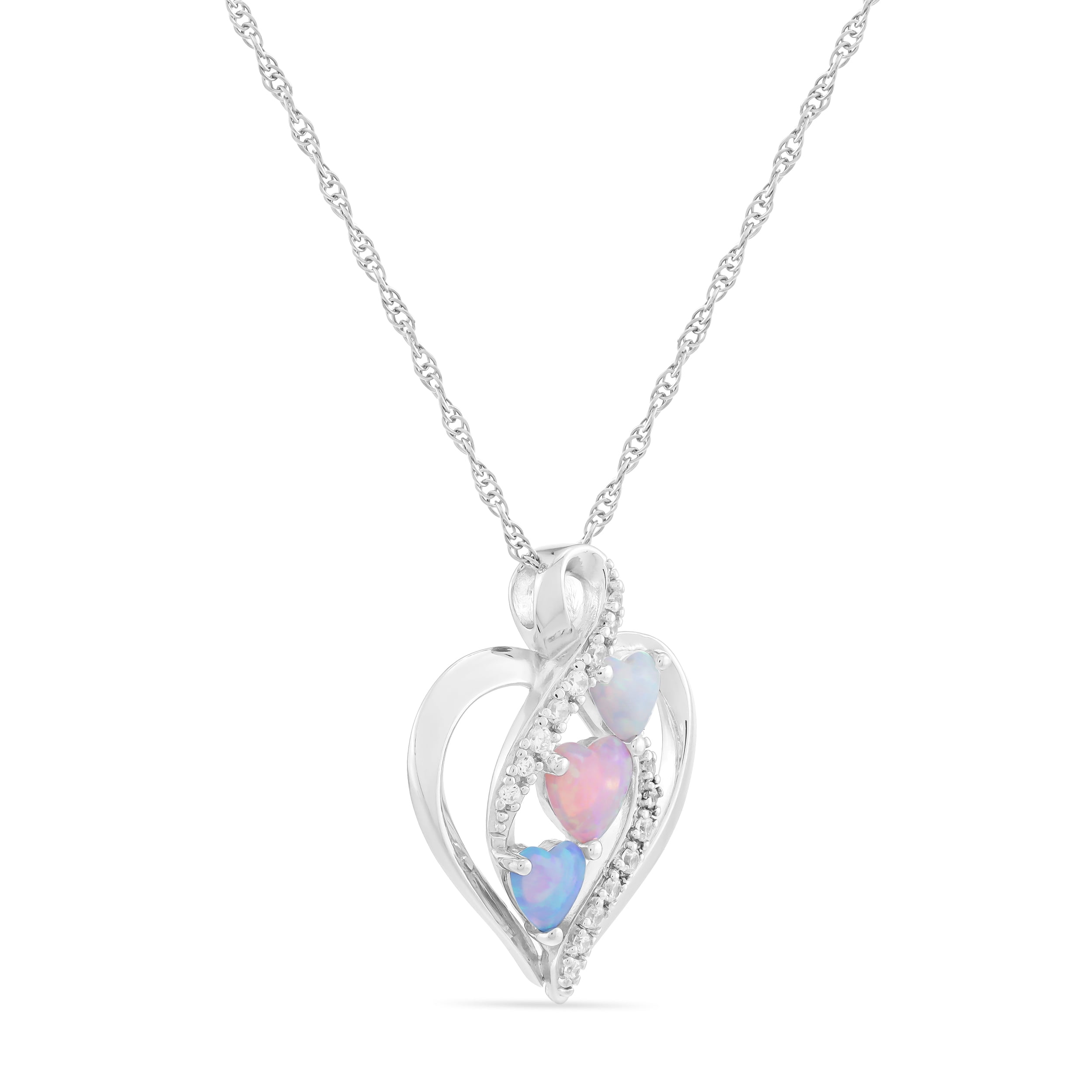 Brilliance Fine Jewelry 925 Sterling Silver Lab Created Blue, Pink and White Opal with Simulated White Diamond Open Halo Heart Pendant on an 18" Fine Rope Chain