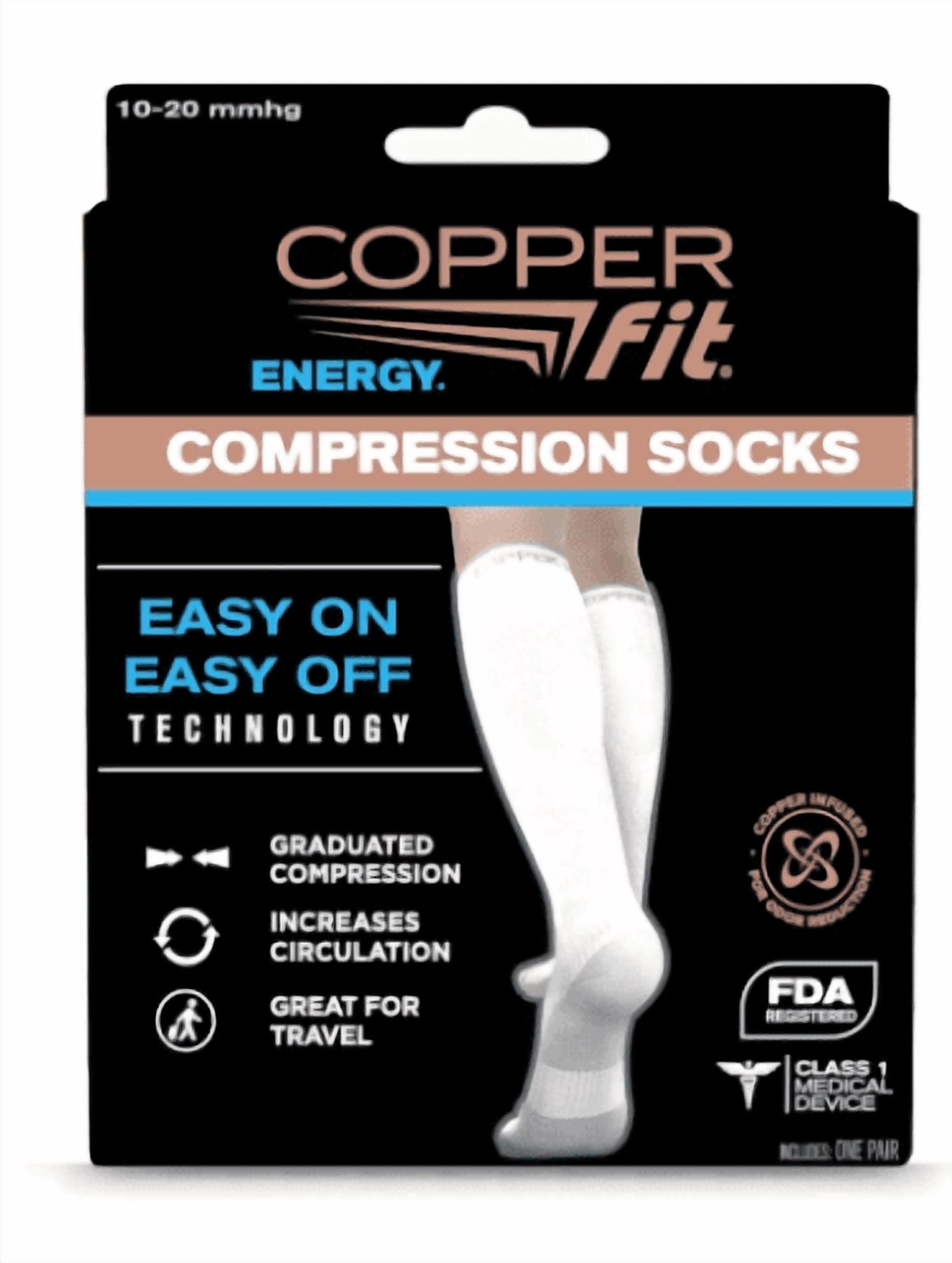 Copper Fit® ENERGY Compression Socks | Easy On/Off | For Men & Women | White, S/M