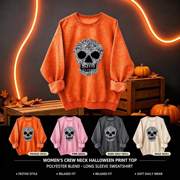 Sokhug Pullover Sweatshirt for Womens Long Sleeve Halloween Casual Tops Round Neck Graphic Print Shirts Fall Halloween Holiday Daily Outfit Sweatshirt Tops