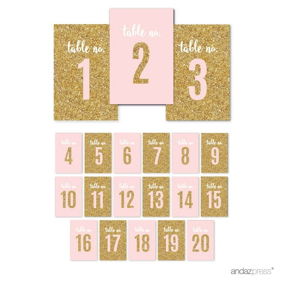 Koyal Wholesale Blush Pink, White & Gold Glitter Table Numbers, Cardstock, 4x6 in, 1-Set