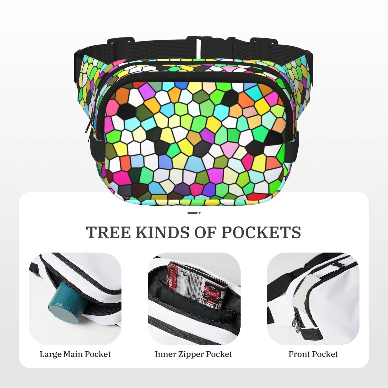 Kuqiui Colorful Tie Dye Stained Glass Print Fanny Packs for Women Cross Body Waist Bag Fashionable Fanny Pack Designer Workout Hiking Waist Pack Running Travel Gym
