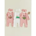 thumbnail image 3 of Qmyliery Newborn Baby Girl Fall Outfit Football/Golf Print Long Sleeve Ribbed Romper Bow Headband 2 Piece Set, 3 of 9