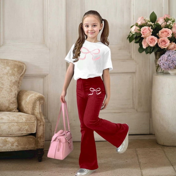 Letdown Stylish Girls Outfits Casual Bow Print Top and Flared Leg Pants for Toddler and Kids Outdoor Activities Everyday Wear Comfortable Summer and Play Short Sleeves Pant Back To School Size 5-14Y
