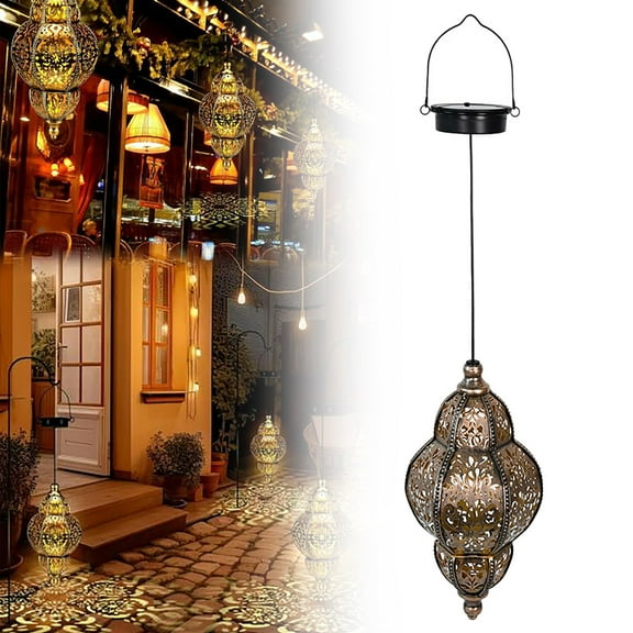 EZPXFCI Hanging Solar Lanterns,Outdoor Garden Decor Solar Lantern Metal Moroccan Yard Art Gardening Decorative,Outside Hanging Lights Christmas Decorations for Gazebo Patio Chandelier Garden Gift