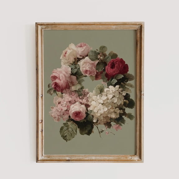 Shabby Chic Rose Wreath Wall Art Vintage Botanical Decor, Unframed Paper Print Size 8x12