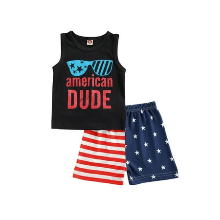 

4th of July Baby Boy Letter Printed Outfit USA Stars and Stripes Top+ Shorts
