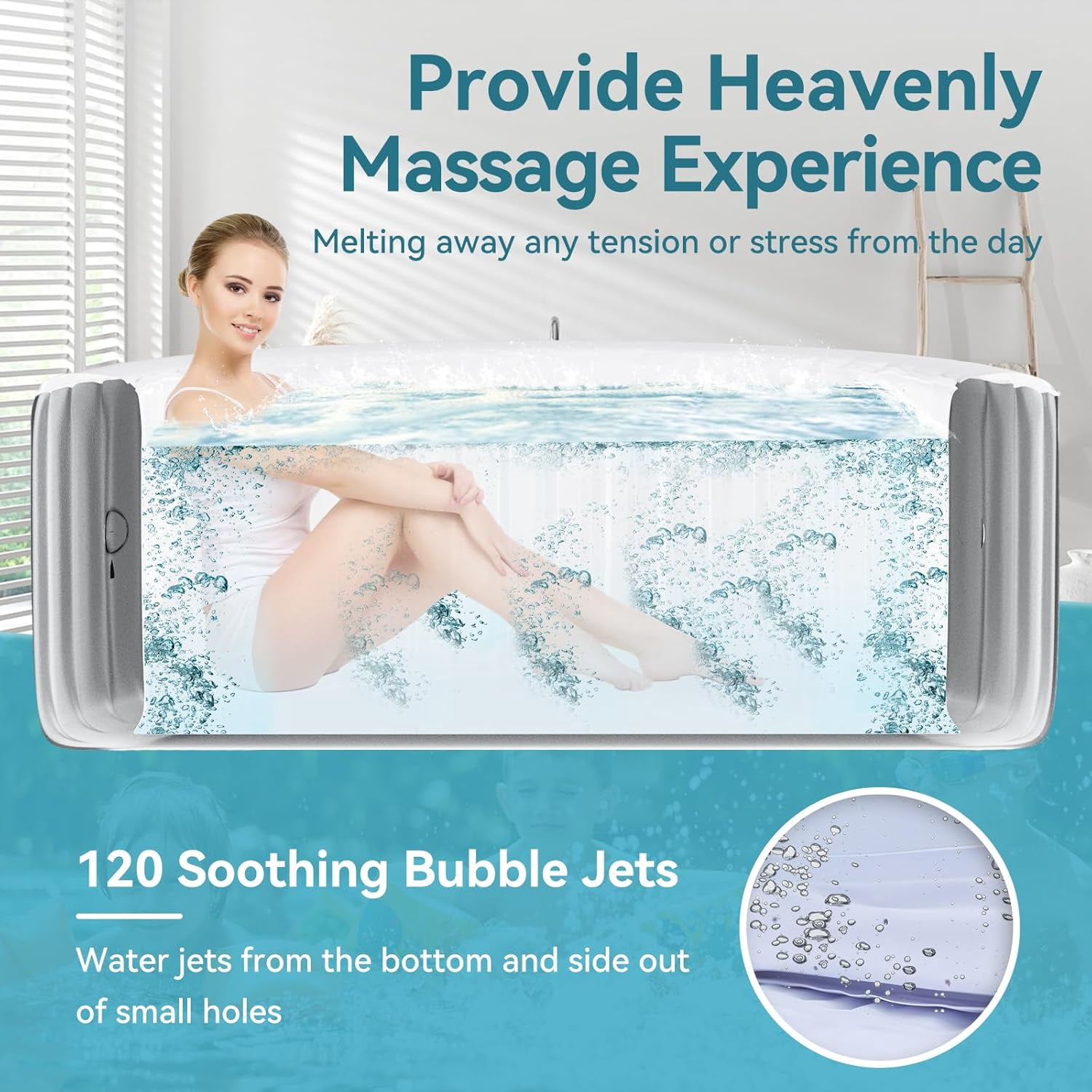 2-4 Person Inflatable Hot Tub, Round Portable Blow up Hot Tub, Leak-Proof PVC Outdoor Spa with 120 Air Jets, Insulated Cover & Heater Pump, 71” X 71” X 25”