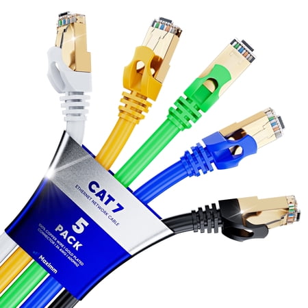 Maximm Cat7 Ethernet Cable - 1.5FT - 5 Pack - Multi Color - 10Gbps - 600Mhz High Speed Double Shielded UTP Patch and Network Cable