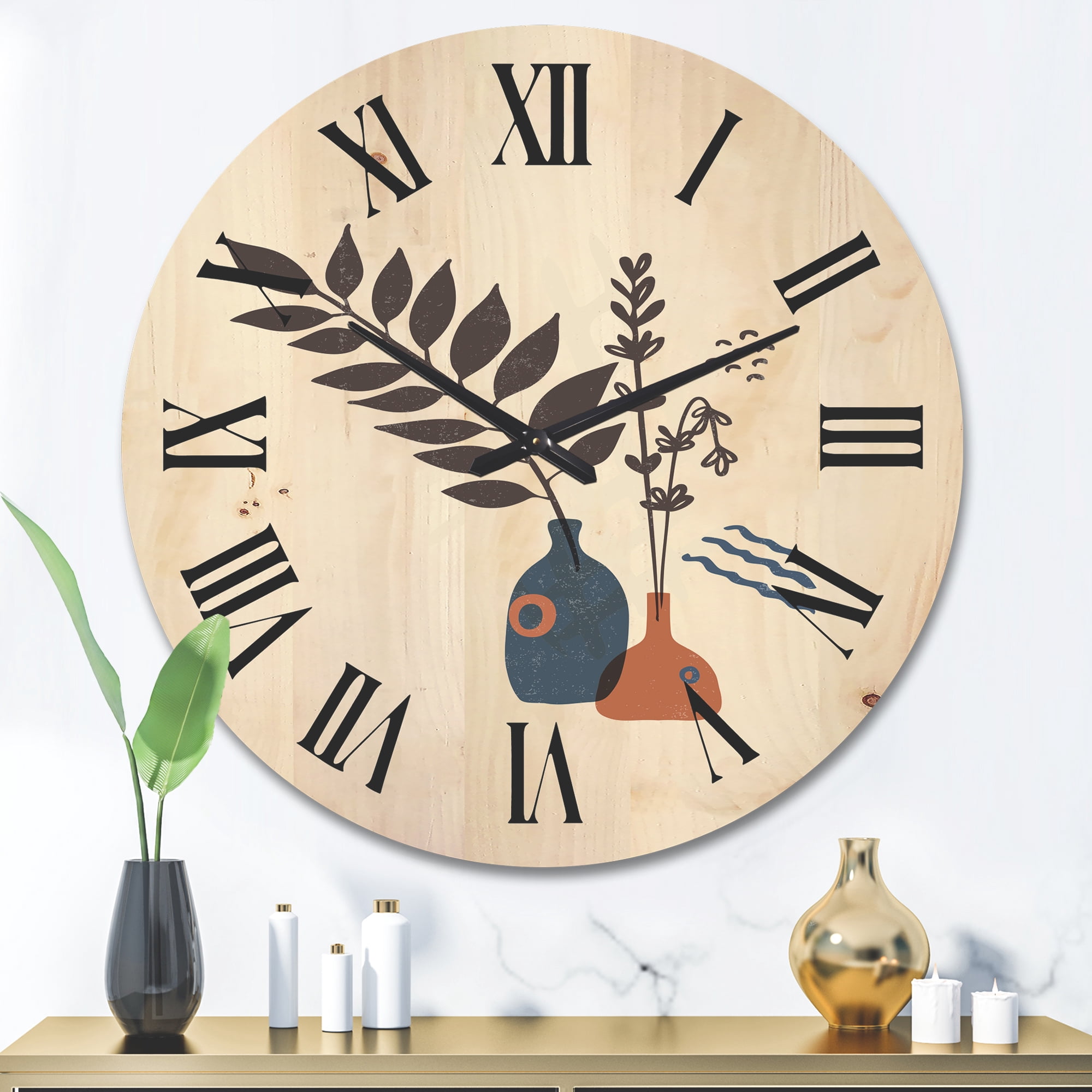 Designart 'Ancient Boho Art Minimalistic Flowers I' Modern Wood Wall Clock