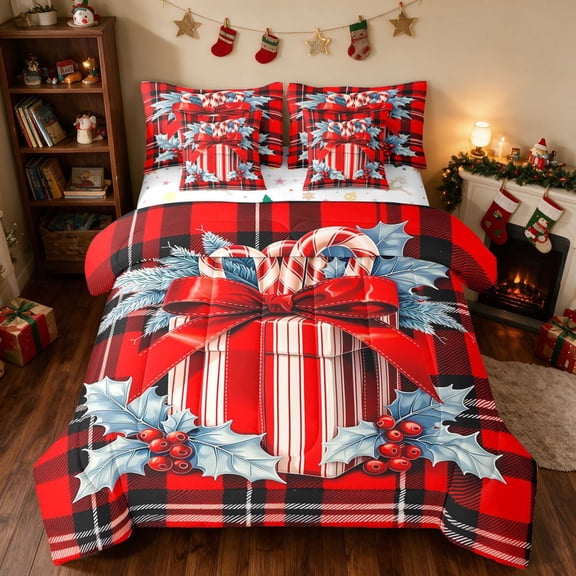 Manfei Gift Twin Bedding 7pcs Christmas Bedding Comforter Set, Rust Cream, Xmas Reversible