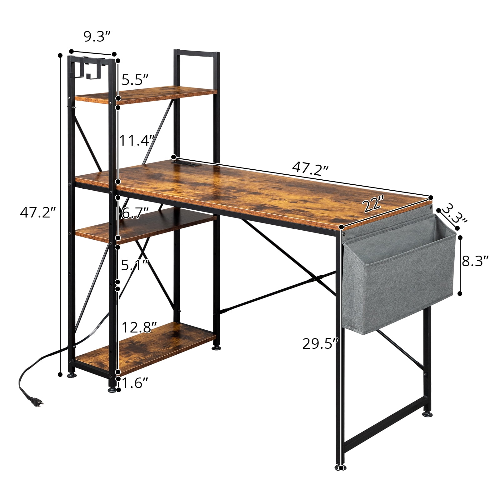Kadyn Computer Desk, Side Storage Desk with Non-woven Bag and USB Power Port, Durable Study Table for Home, Retro Color Kadyn Computer Desk, Side Storage Desk with Non-woven Bag and USB Power Port, Durable Study Table for Home, Retro Color