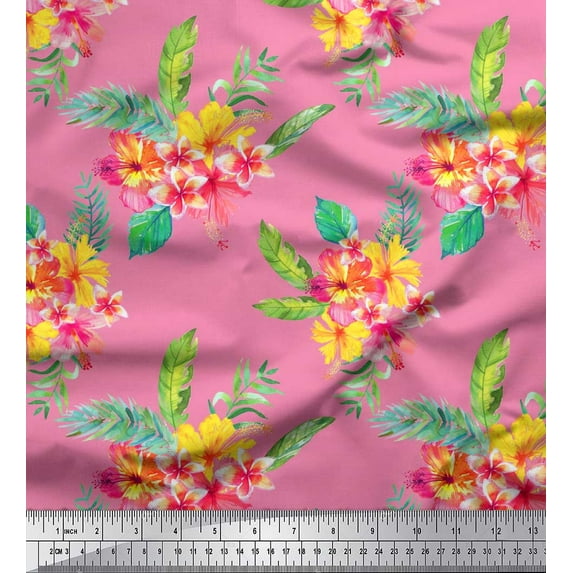Soimoi Pink Rayon Fabric Plumeria & Floral Printed Craft Fabric 1 Yard 58 Inch Wide
