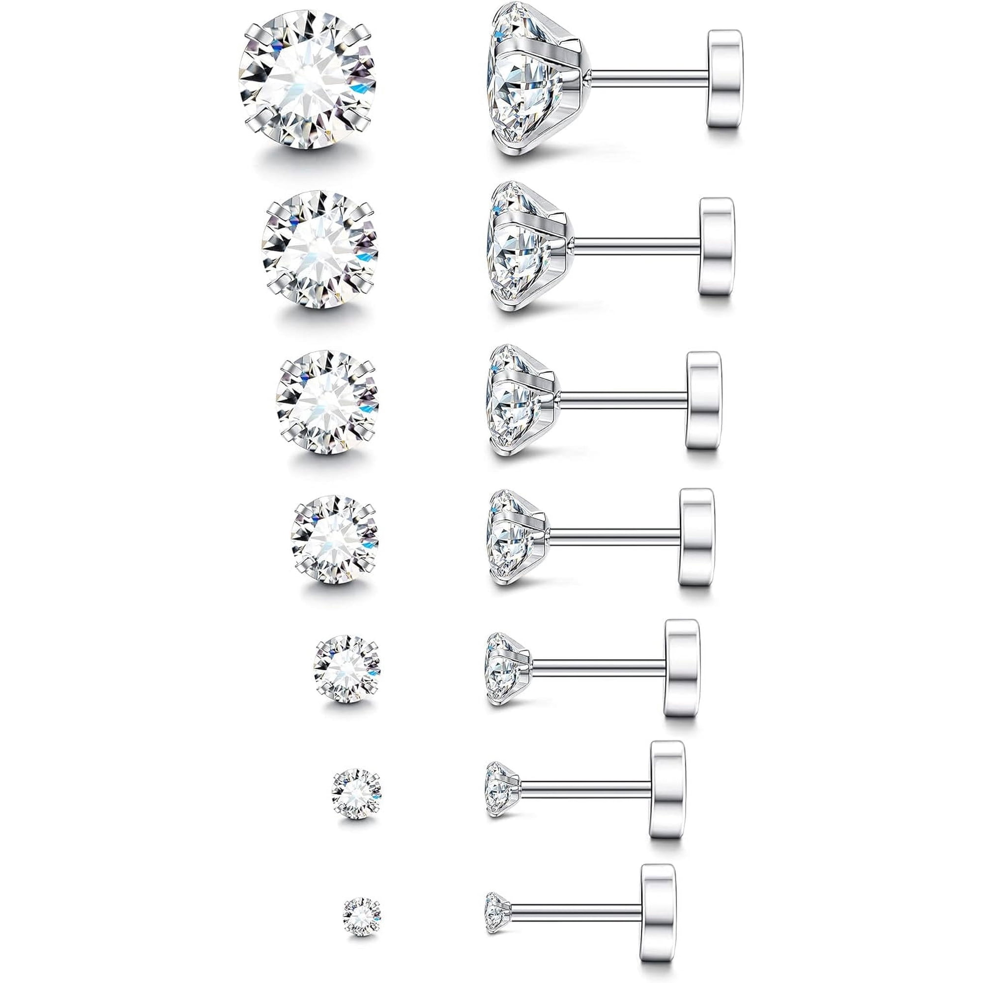 SHIHUALQ Stainless Steel Hypoallergenic Flat Back Earrings, Clear CZ, Fashion Jewelry, 7