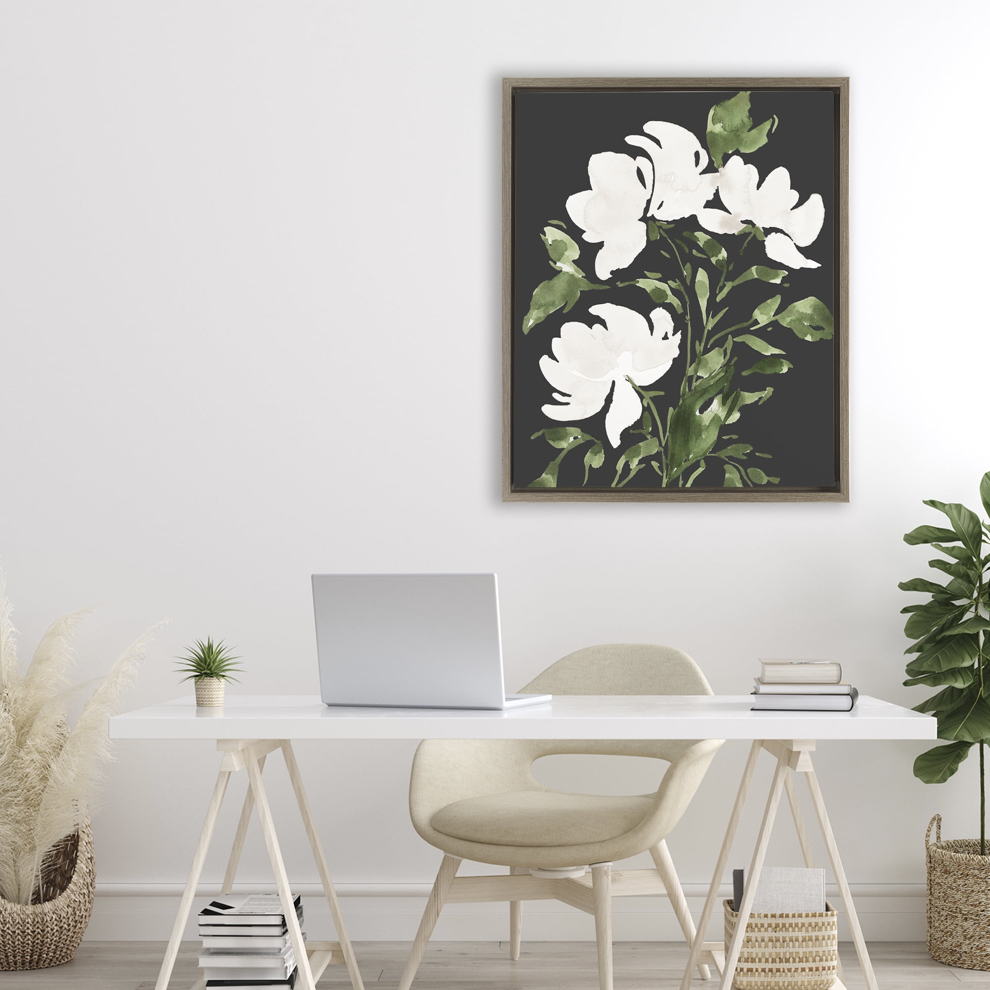 Stupell Industries White Over Black Floral Brown Framed Floater Canvas Wall Art, design by Lucille Price