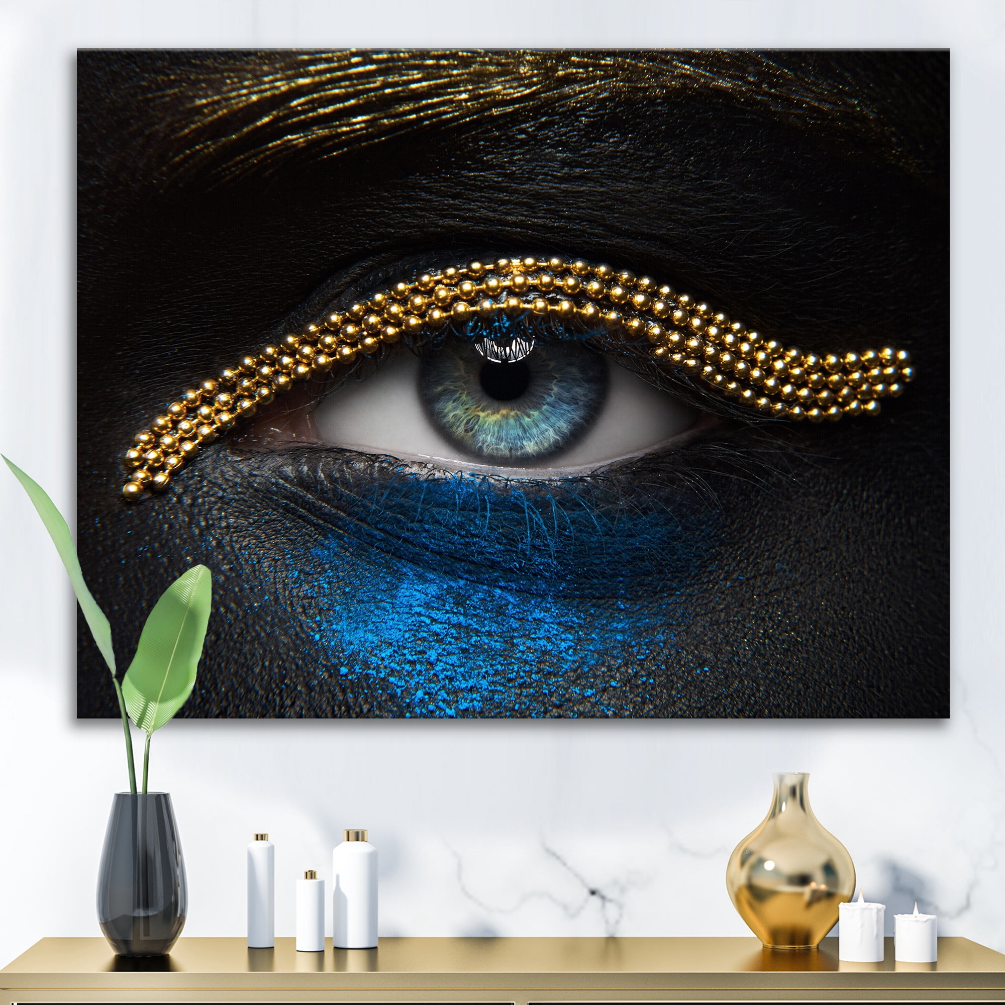 Designart ' Girl Eyes With Gold Chain and Blue Pigment ' Modern Canvas Wall Art Print
