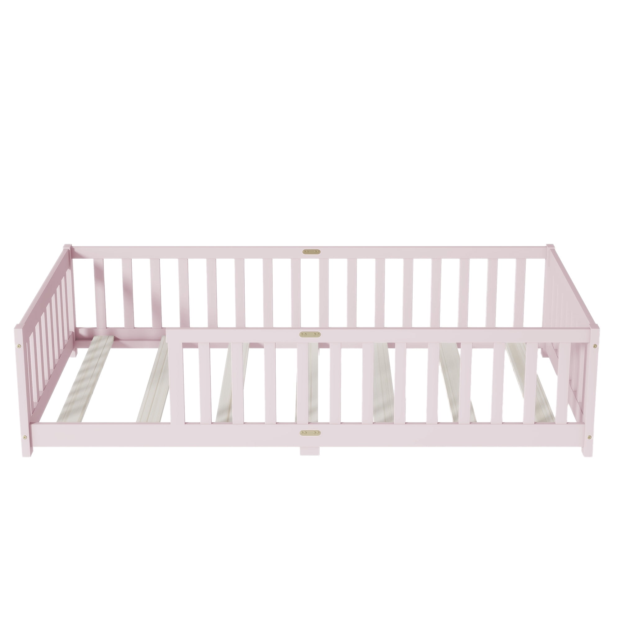 Twin Size Floor Bed with Fence, UHOMEPRO Montessori Floor Bed with Slats and Safety Guardrails, Solid Wood Twin Bed Frame for Bedroom, Pink