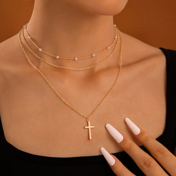 Stacked 3-layer fine chain pearl cross necklace alloy white K color clavicle chain